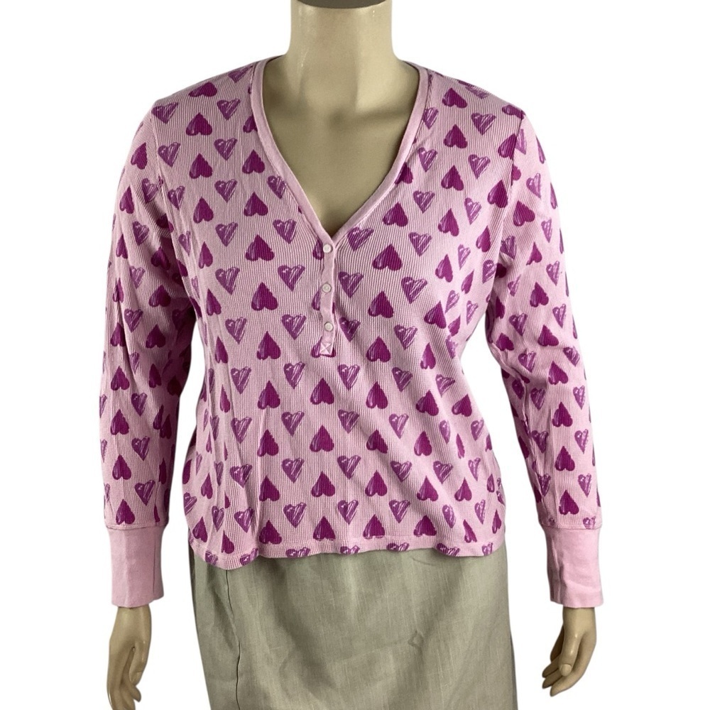 Victoria’s Secret Pink Heart Print Thermal Waffle Henley Top XL